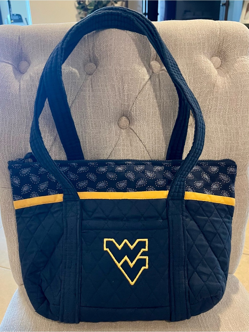 Quilted Navy and Gold Tote Bag with Embroidered WV Logo